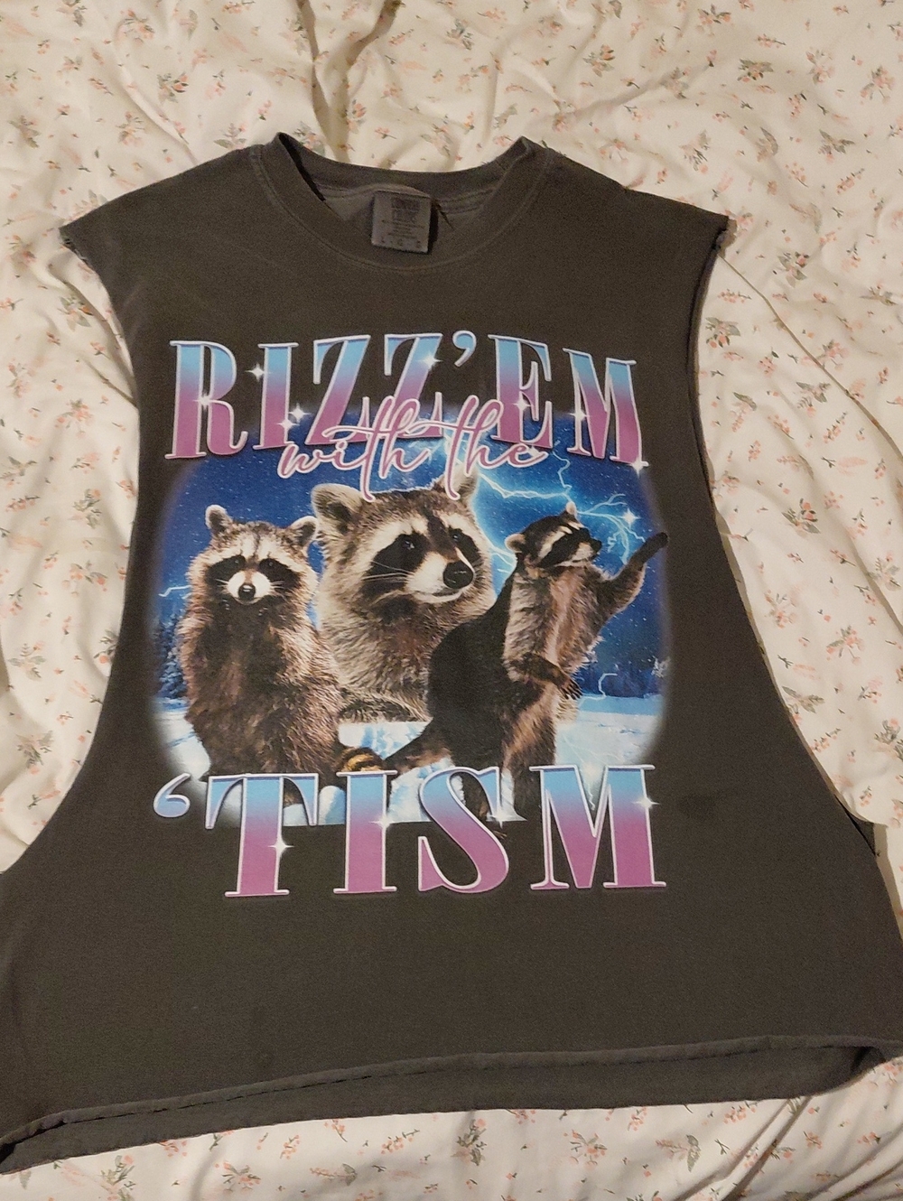Comfort Colors Black Raccoon Graphic Tank Top with Pink & Blue Lettering